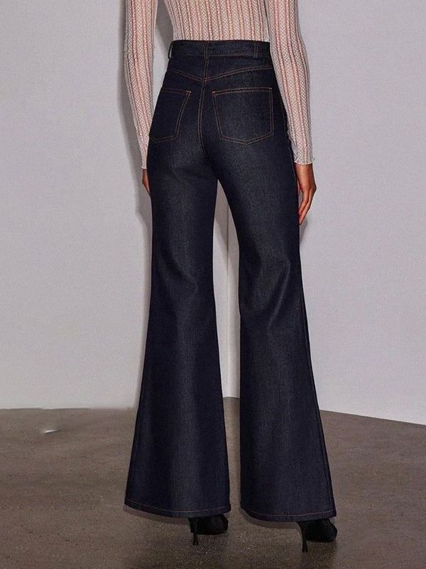 Pockets Solid Color High Waisted Wide Leg Jean Pants Bottoms