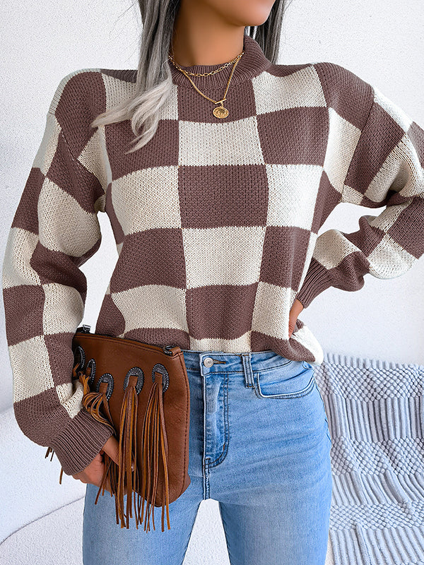 Contrast Color Plaid Long Sleeves Loose Round-Neck Sweater Tops
