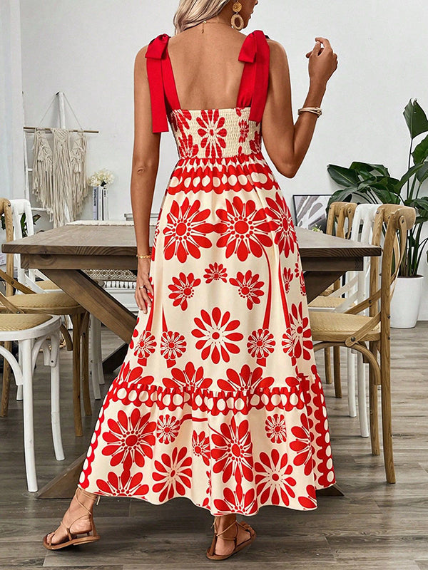 Elasticity Flower Print Pleated Tied A-Line Loose Spaghetti-Neck Midi Dresses