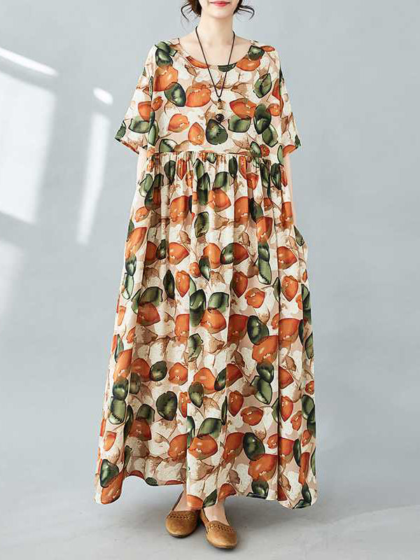 Pleated Printed Split-Joint Half Sleeves Loose Round-Neck Midi Dresses