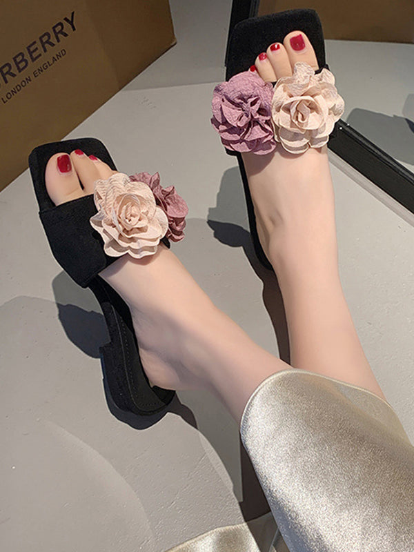 Flower Shape Open Toe Split-Joint Square-Toe Slippers&Mules