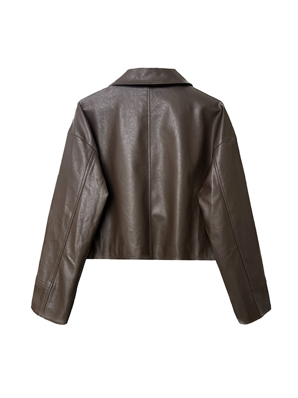 Solid Color Zipper Long Sleeves Loose Lapel Collar Outerwear Jackets&Coats