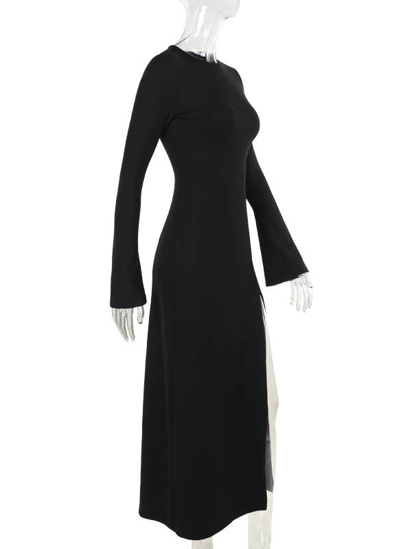Asymmetric Solid Color Split-Joint Split-Side Long Sleeves Loose Round-Neck Maxi Dresses