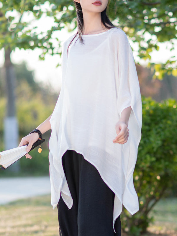 See-Through Solid Color Half Sleeves High-Low Round-Neck Blouses