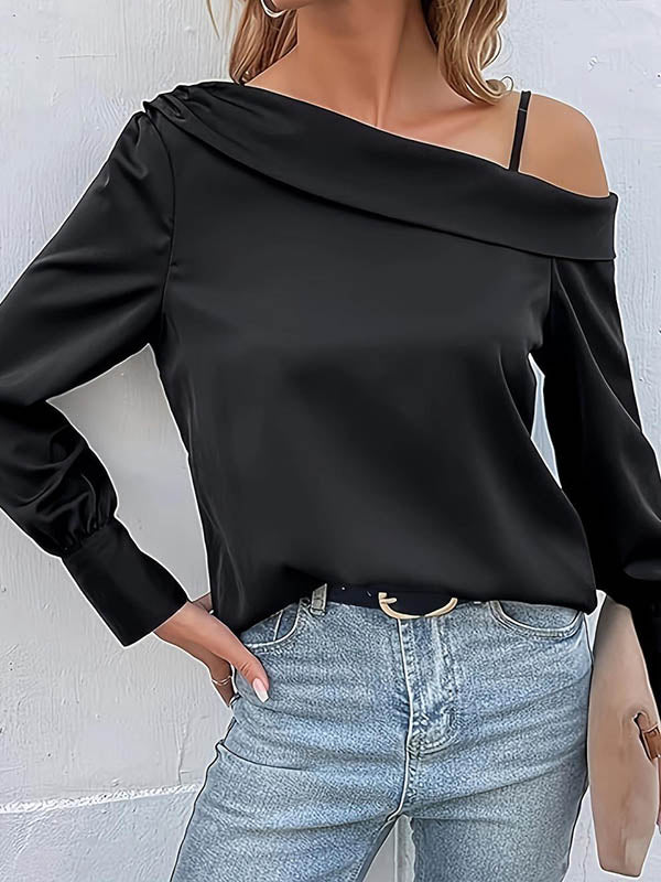 Asymmetric Solid Color Long Sleeves Loose One-Shoulder T-Shirts Tops