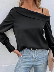 Asymmetric Solid Color Long Sleeves Loose One-Shoulder T-Shirts Tops