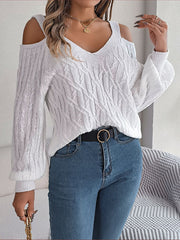 Cable Knit Solid Color Long Sleeves Loose Cold shoulder Sweater Tops