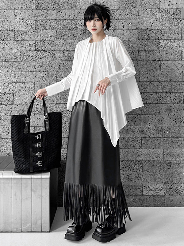 Asymmetric Pleated Solid Color Hipster Irregularity Round-Neck Blouses&Shirts Tops