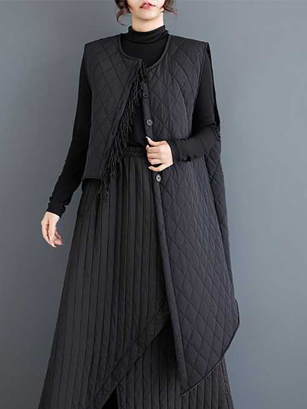 Asymmetric Buttoned Quilted Solid Color Loose Sleeveless Round-Neck Padded Vest