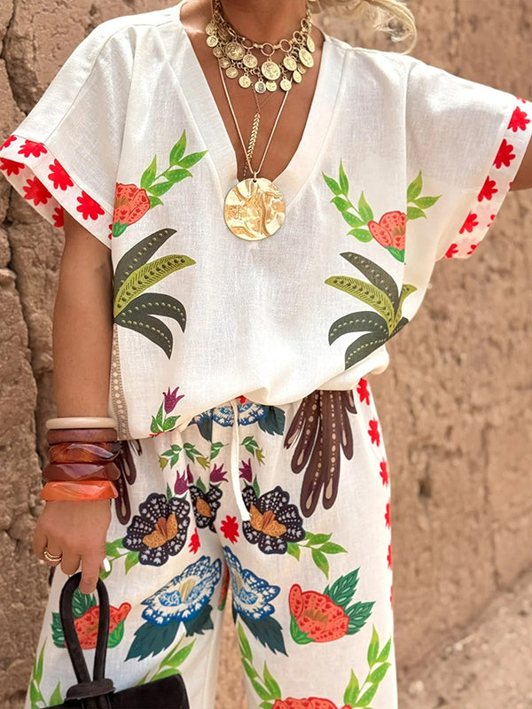 Printed Split-Joint Loose Raglan Sleeve V-neck Blouses&shirts Tops