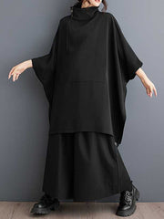 Buttoned Pockets Solid Color Zipper Batwing Sleeves Loose Mock Neck Sweatshirt Tops