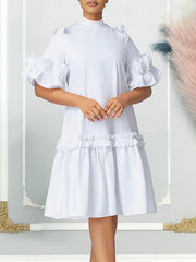 Pleated Solid Color Split-Joint Zipper A-Line Half Sleeves Mock Neck Midi Dresses