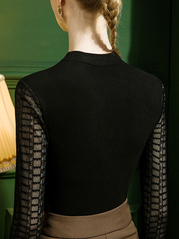 Hollow Jacquard Solid Color Split-Joint Long Sleeves Plus Size Round-Neck T-Shirts Tops