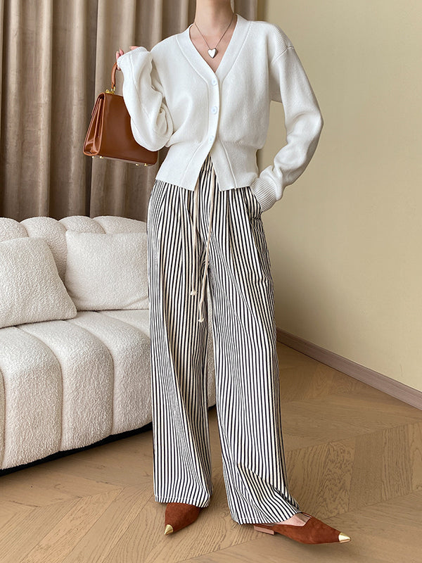 Solid Color Long Sleeves Loose V-Neck Cardigan Tops