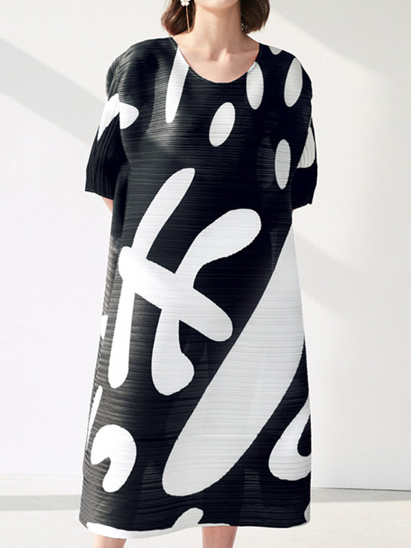 Pleated Print Half Sleeves Loose Round-neck Midi Dresses