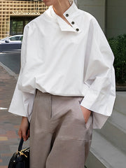 Buttoned Solid Color Long Sleeves Loose Stand Collar Blouses&Shirts Tops