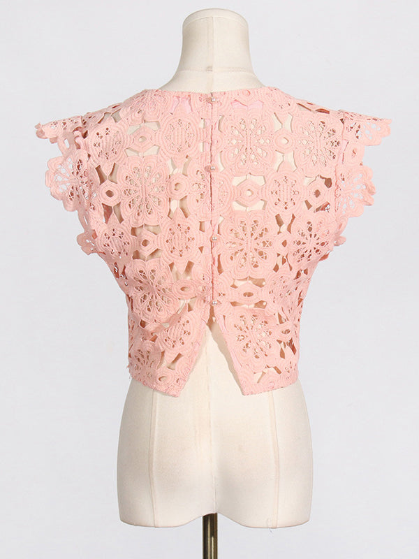 Jacquard Solid Color Flower Print Hollow Round-Neck Vest Top + Ruffle Trim Bodycon High-Low Skirts Bottom Two Pieces Set