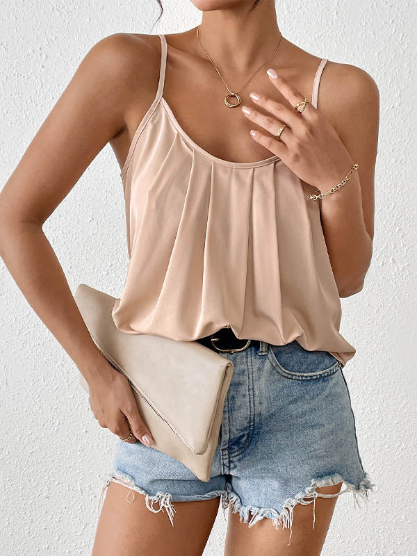 Pleated Solid Color Loose Sleeveless Spaghetti-Neck Vest Top