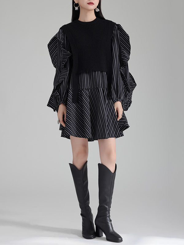 Ruffled Split-Joint Long Sleeves Loose Round-Neck Inner Mini Shirt Dress + Outer Vest Two Pieces Set