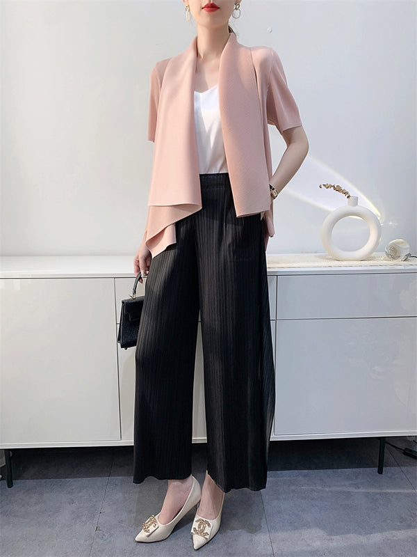 Pleated Solid Color Loose Short Sleeves Collarless Outerwear