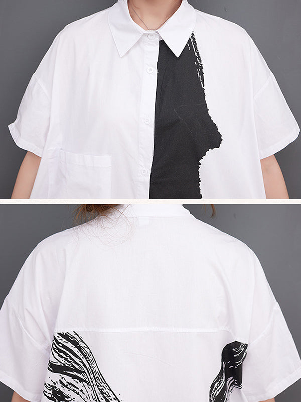 Original Loose Short Sleeves Buttoned Contrast Color Printed Midi Dresses