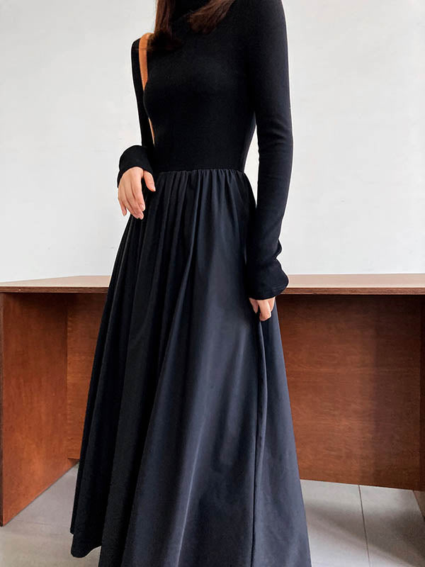 Pleated Solid Color Split-Joint A-Line Long Sleeves Midi Dresses