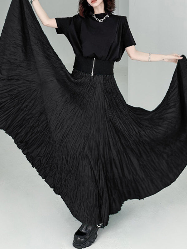 High-Waisted Pleated Solid Color A-Line Irregular Clipping Skirts
