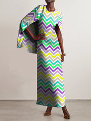 Printed Split-back Capelet Loose Round-neck Maxi Dresses