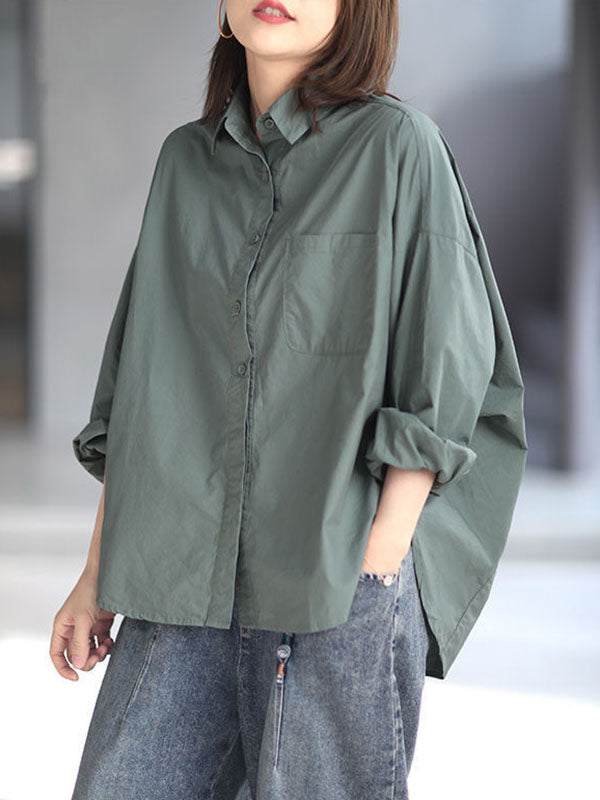 Solid Color High-low Long Sleeves Lapel Blouses&shirts Tops