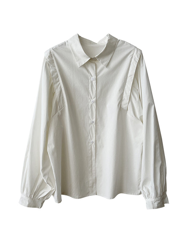 Solid Color Loose Puff Sleeves Lapel Blouses