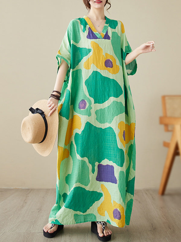 Color-Block Contrast Color Batwing Sleeves Loose Round-Neck Maxi Dresses