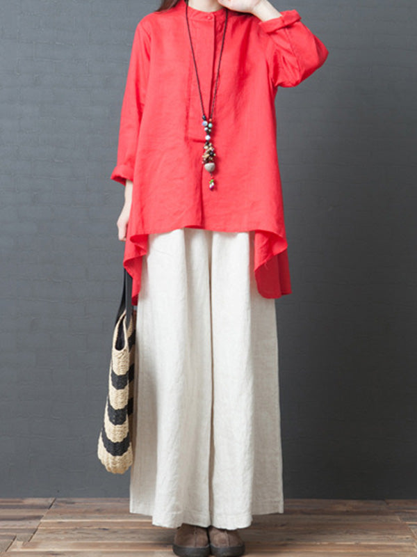 Linen Solid Color Round-Neck Puff Sleeve Blouse Tops