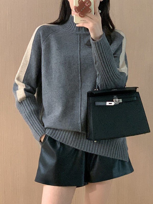 Contrast Color Split-Joint Split-Side High-Low Long Sleeves High Neck Sweater Tops Pullovers