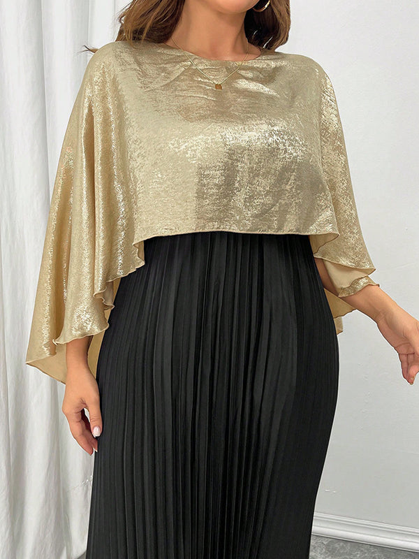 Contrast Color Pleated Shiny Split-Joint High-Low Loose Round-Neck Maxi Dresses
