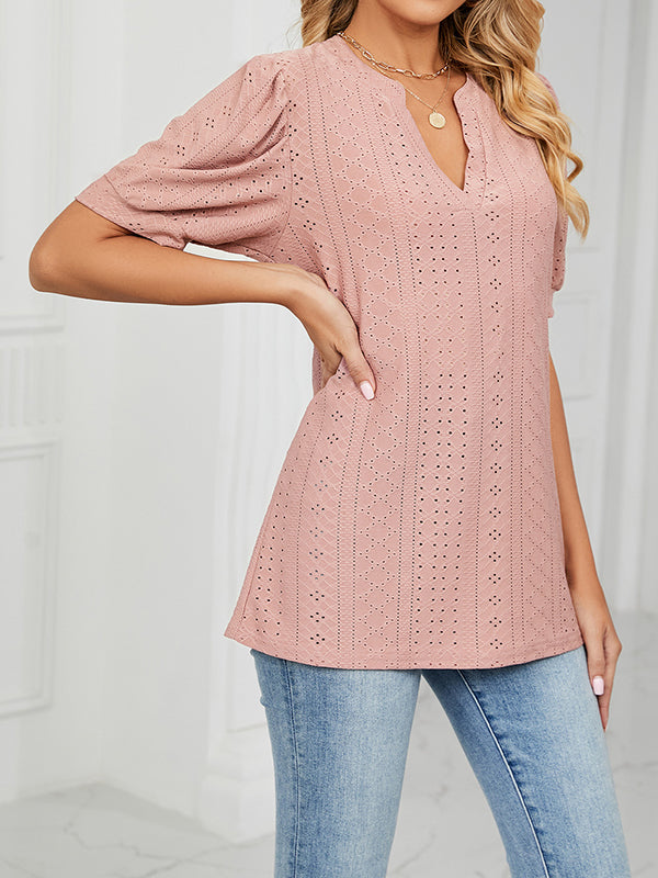 Hollow Solid Color Bishop Sleeve Loose V-neck T-Shirts Tops