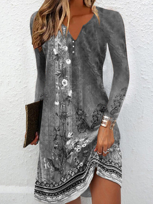 Long Sleeves Loose Floral Printed V-neck Maxi Dresses Mini Dresses