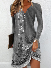 Long Sleeves Loose Floral Printed V-neck Maxi Dresses Mini Dresses