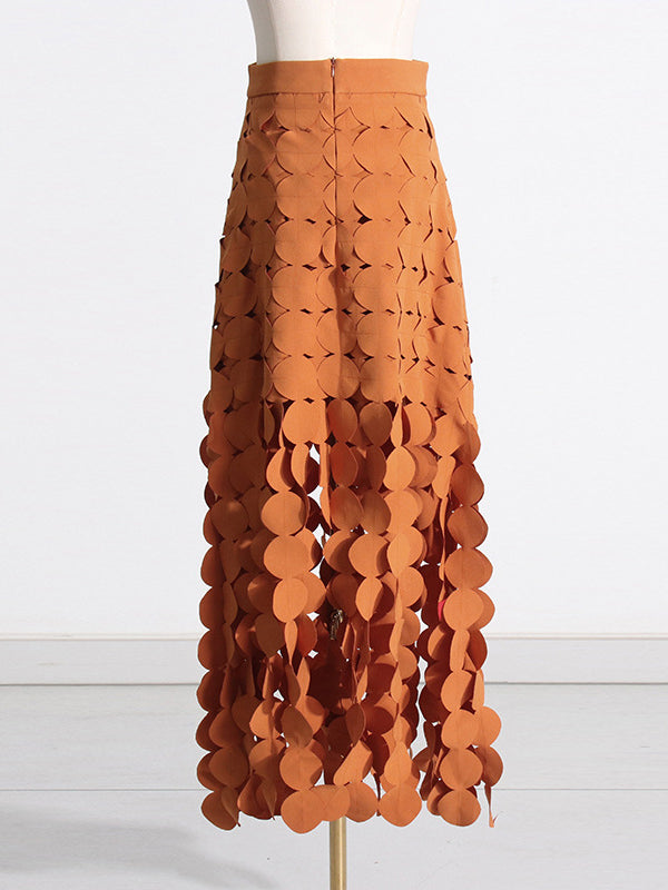 Hollow Polka-Dot Solid Color Tasseled High Waisted Loose Skirts Bottoms