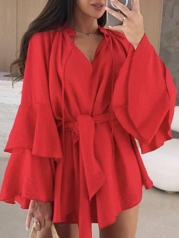 Lace-Up Pleated Solid Color Split-Joint Tiered Flared Sleeves Loose Round-neck Mini Dresses