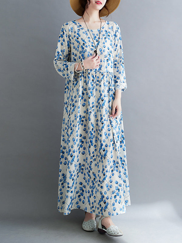 Flower Print Split-Joint Long Sleeves Loose Round-Neck Midi Dresses