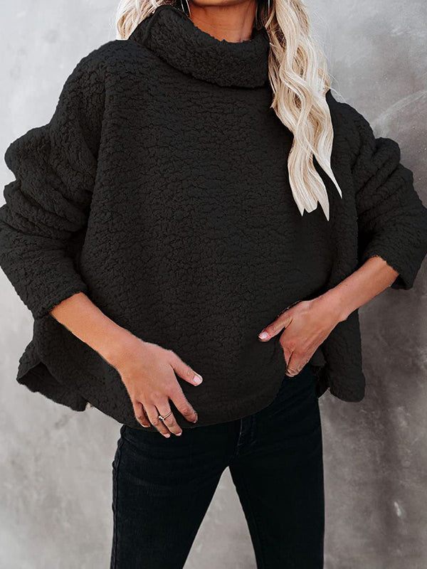 Solid Color Split-Joint Long Sleeves Loose High Neck Sweatshirt Tops