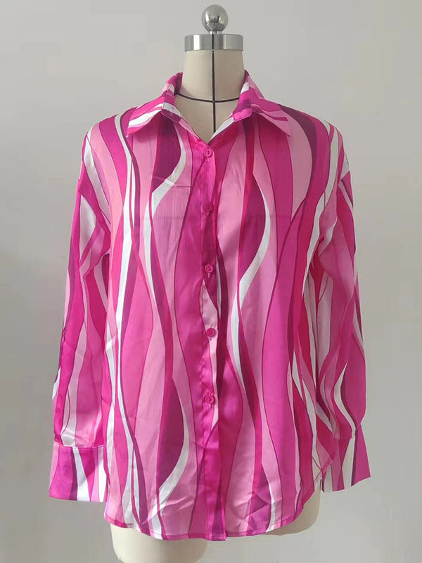Contrast Color Striped Long Sleeves Loose Lapel Blouses