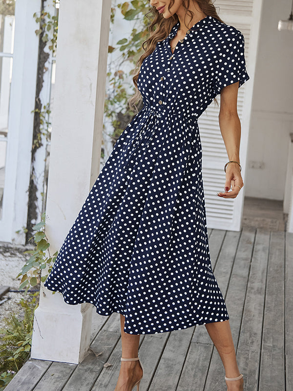 Buttoned Drawstring Polka-Dot A-Line High Waisted V-Neck Shirt Dress Midi Dresses