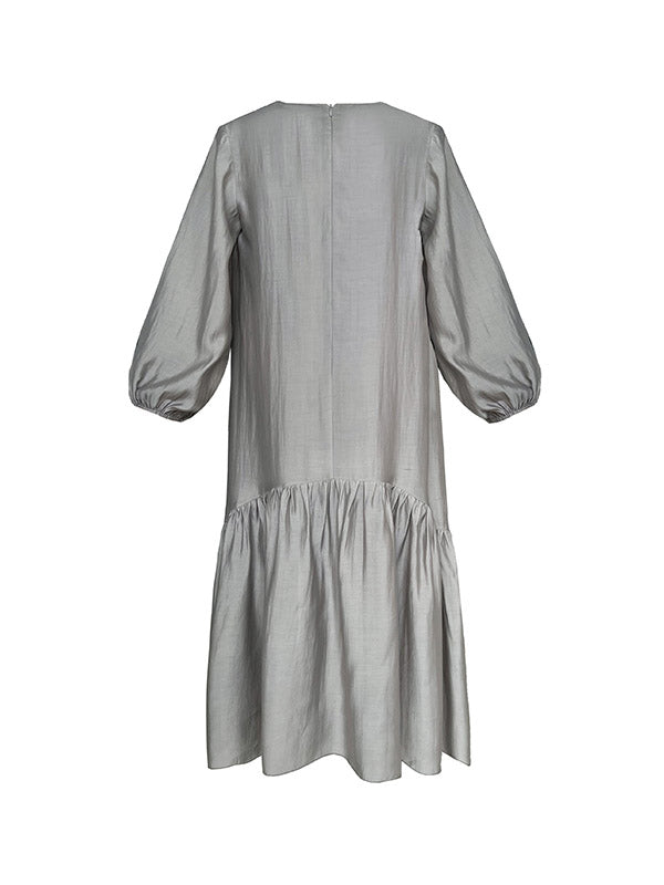 Elasticity Pleated Solid Color Split-Joint Zipper High Waisted Long Sleeves V-Neck Midi Dresses