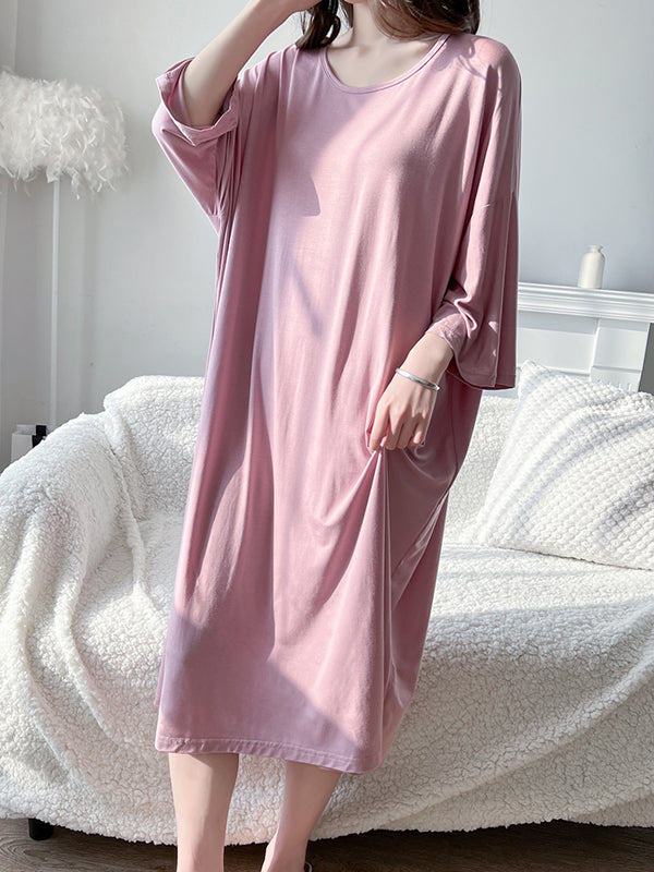 Solid Color Split-Joint High Waisted Loose Round-Neck Pajama Dress