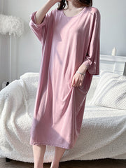 Solid Color Split-Joint High Waisted Loose Round-Neck Pajama Dress