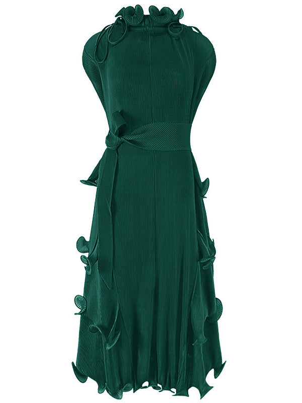 Bandage Lacy Solid Color Loose High-neck Midi Dresses