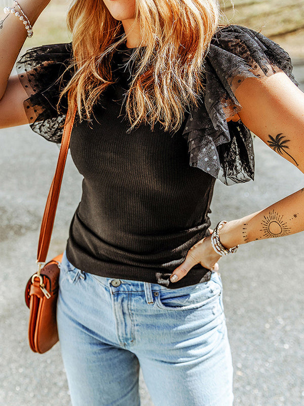 Split-Joint Ruffle Sleeves Skinny Round-Neck T-Shirts Tops