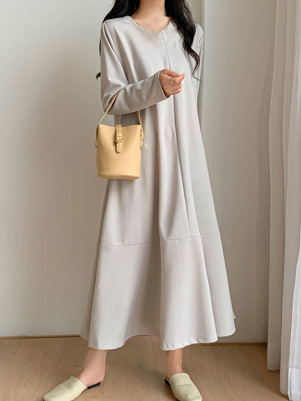 Hollow Solid Color A-Line Long Sleeves V-Neck Midi Dresses