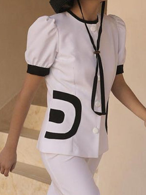 Buttoned Contrast Color Pockets Split-Joint Puff Sleeves Short Sleeves Round-Neck Blouses&Pants Two Pieces Set